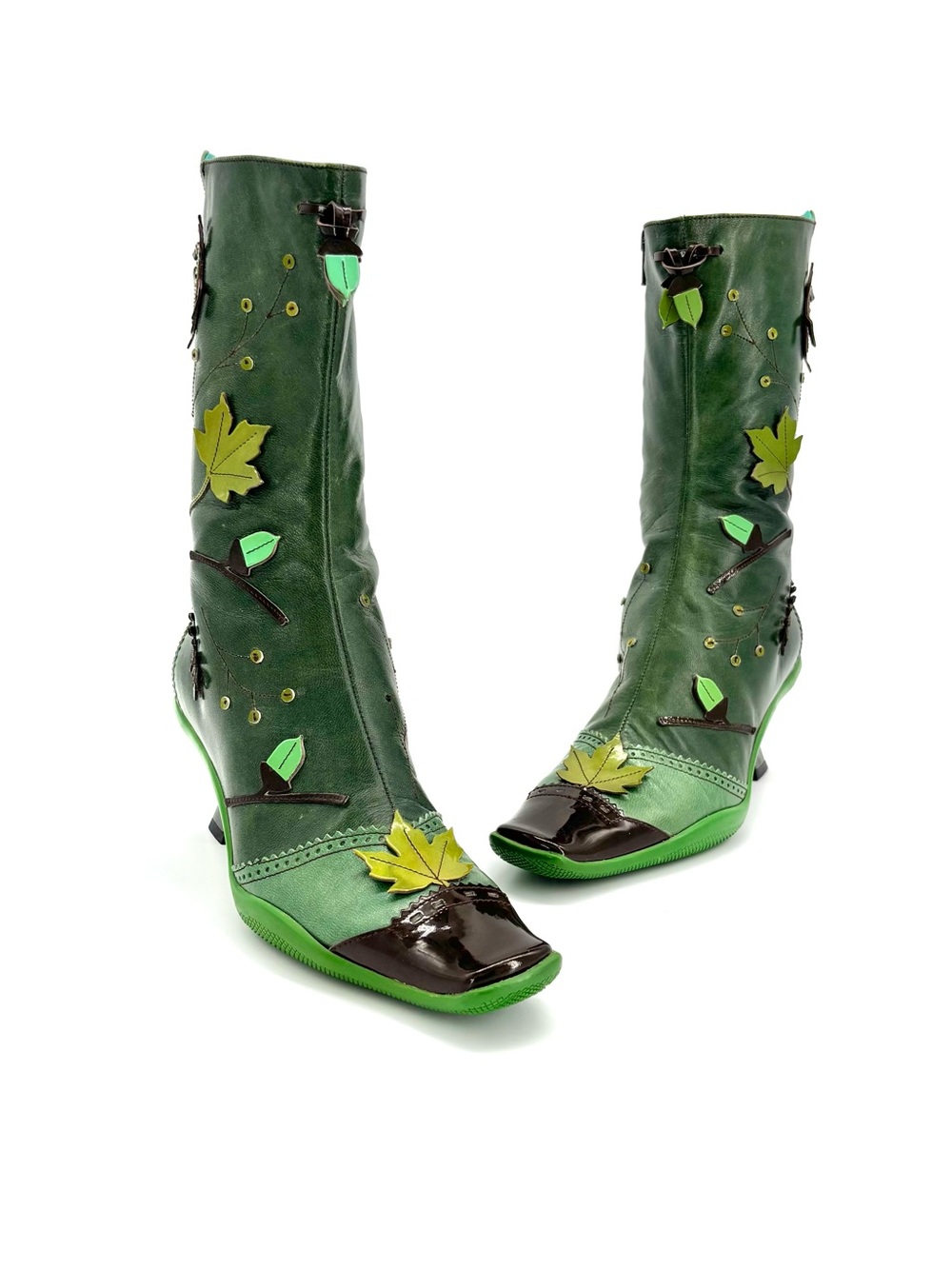 Vintage Prada FW1999 Runway Green Leaves and Bug Applique Leather Boots 38.5 - Picture 10 of 12
